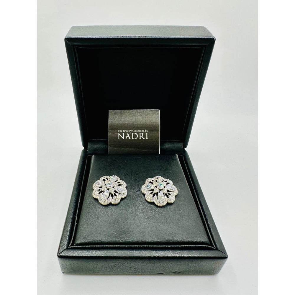 Nadri CZ Flower Stud Earrings Rhodium Plated Silver Tone Floral Boxed [READ]